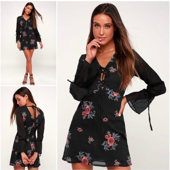 I. Madeline Black Floral Embroidered Lace Up Mini Dress Sheer Sleeves Size Small - Picture 1 of 4